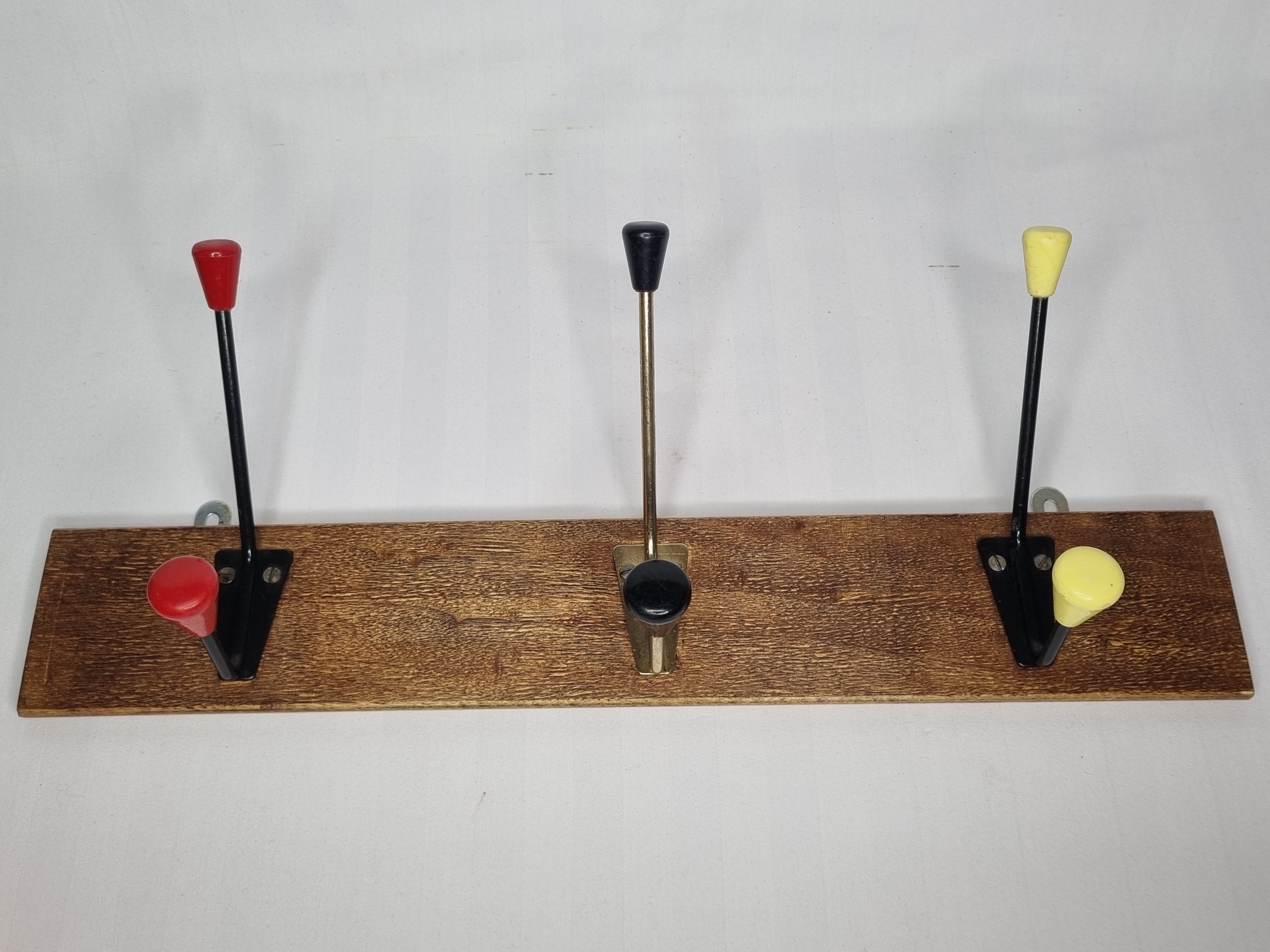 Vintage coat rack, three double tricolor hooks, 50-60s, 53 cm