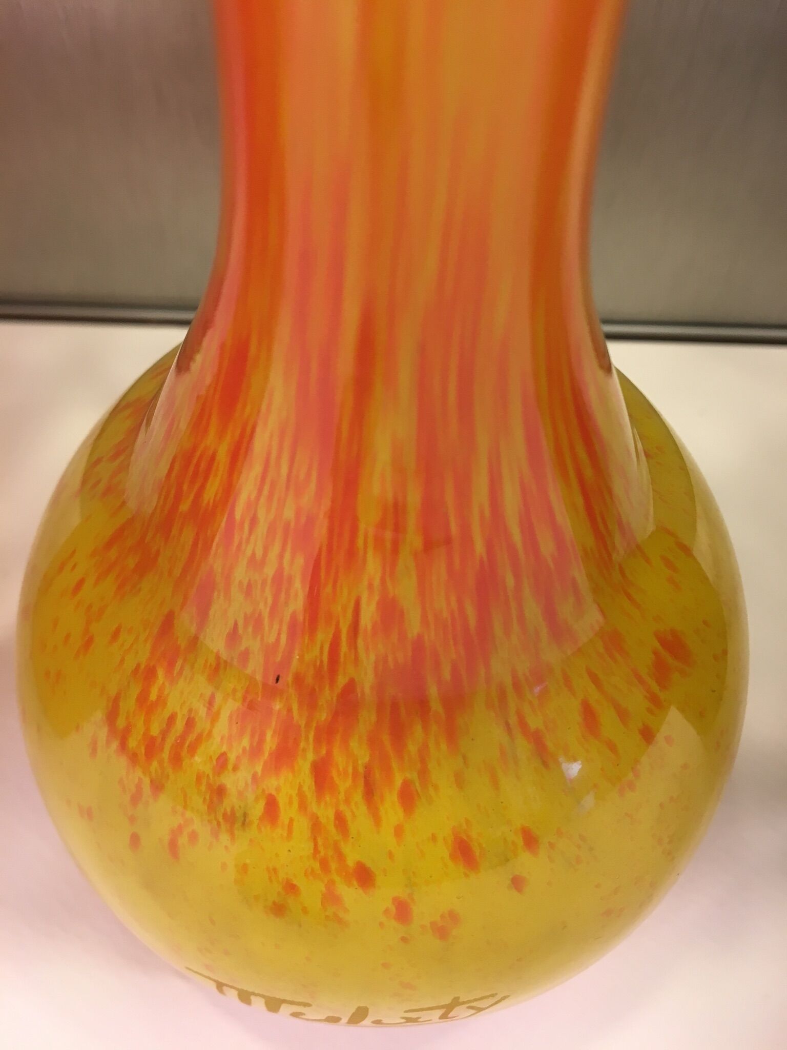Vintage orange and yellow soliflore vase, signed