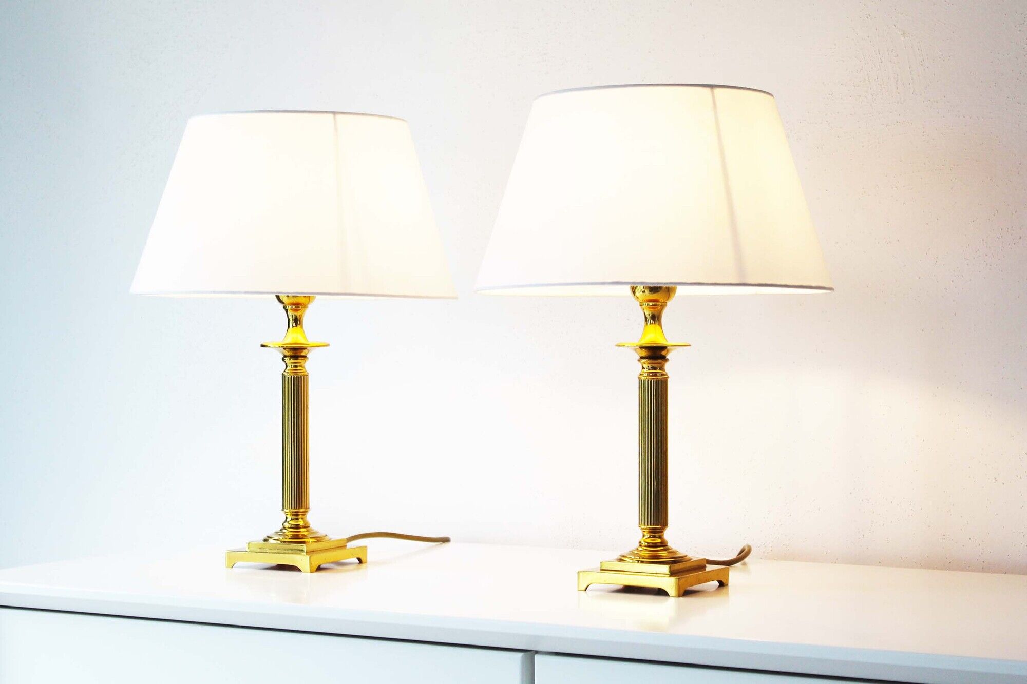 Vintage pair of Brass Column Table Lamps - 1970's Hollywood Regency Lamps