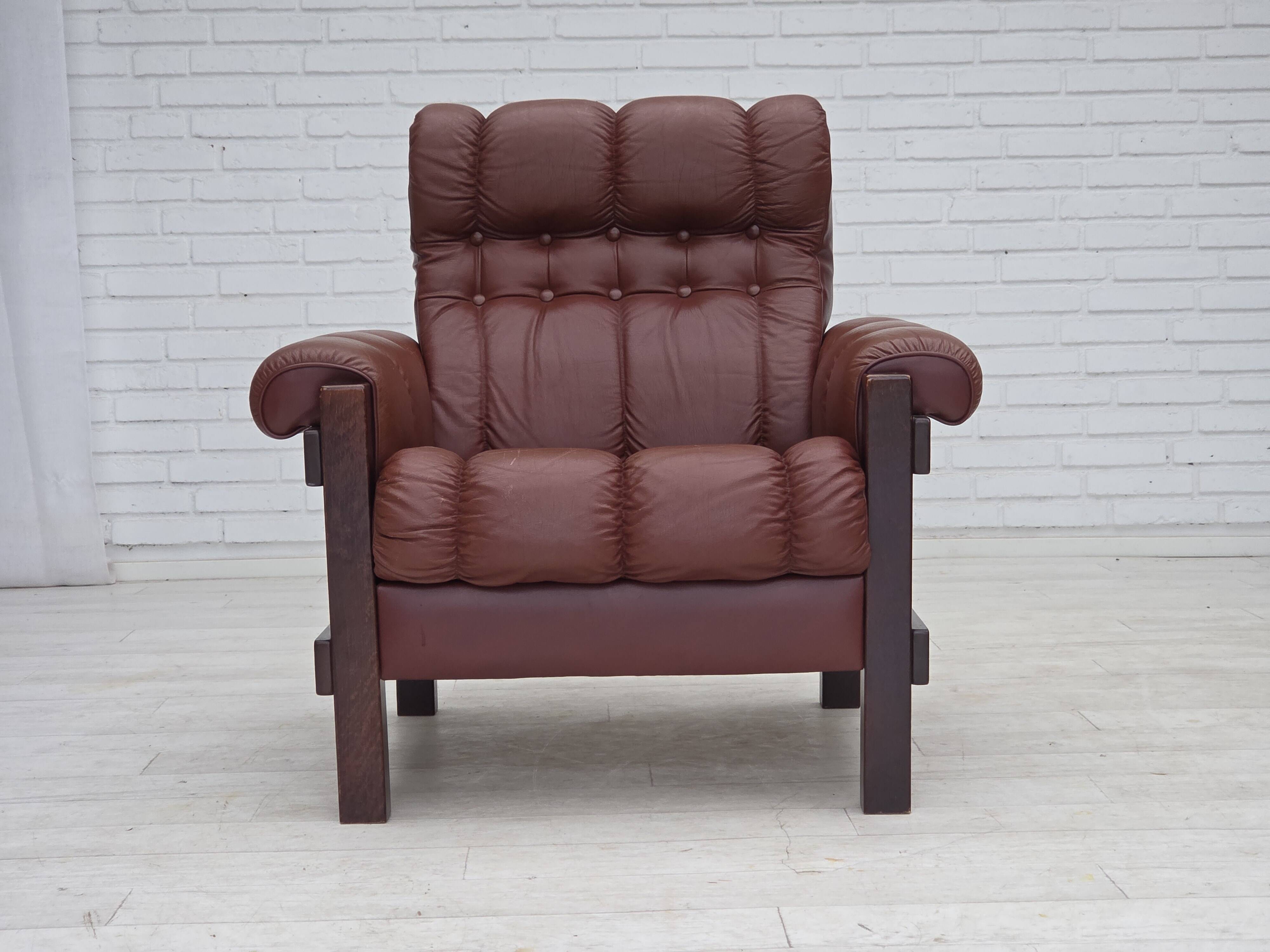 1970s, Scandinavian armchair, furniture leather, dark beech wood.