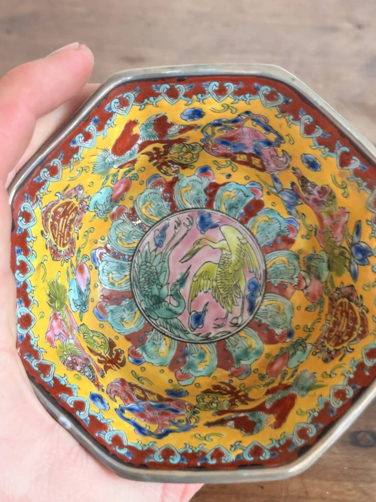 Porcelain Bowls Yellow Family Wancai Chinese Lions Shi Mun Shou Jingdezhen