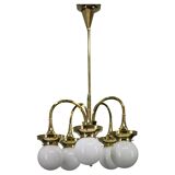 1930s Czechoslovak Art Deco brass chandelier with five opaline glass globes