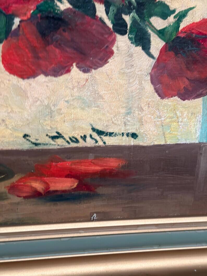 Original Swedish Oil on Canvas – "Red Poppies in a Blue Vase" by C. Horst – Signed – Vintage and Framed – 72 × 62 cm (28.3" × 24.4")