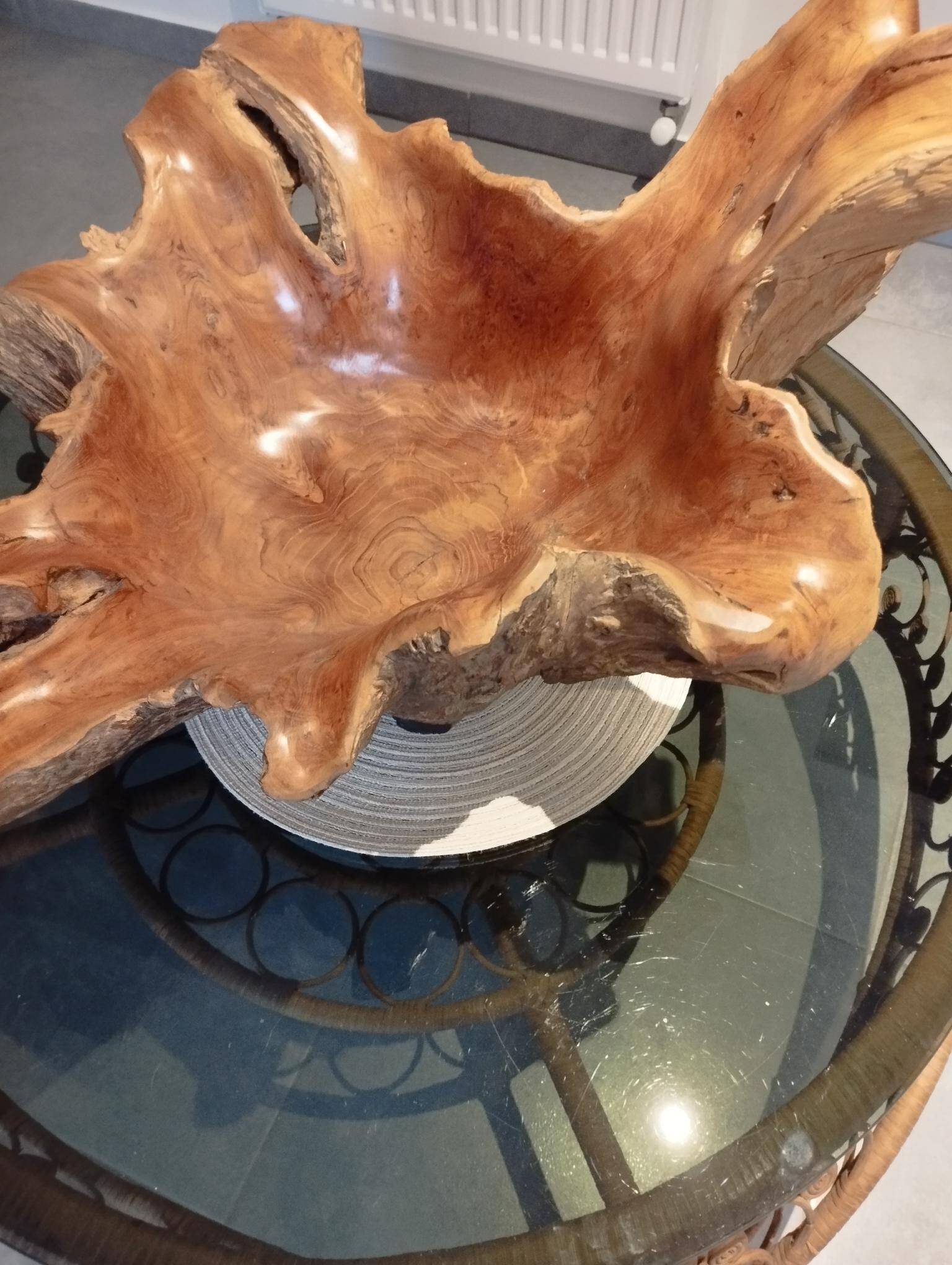 Sculptural wooden centrepiece, organic bowl, brutalist.