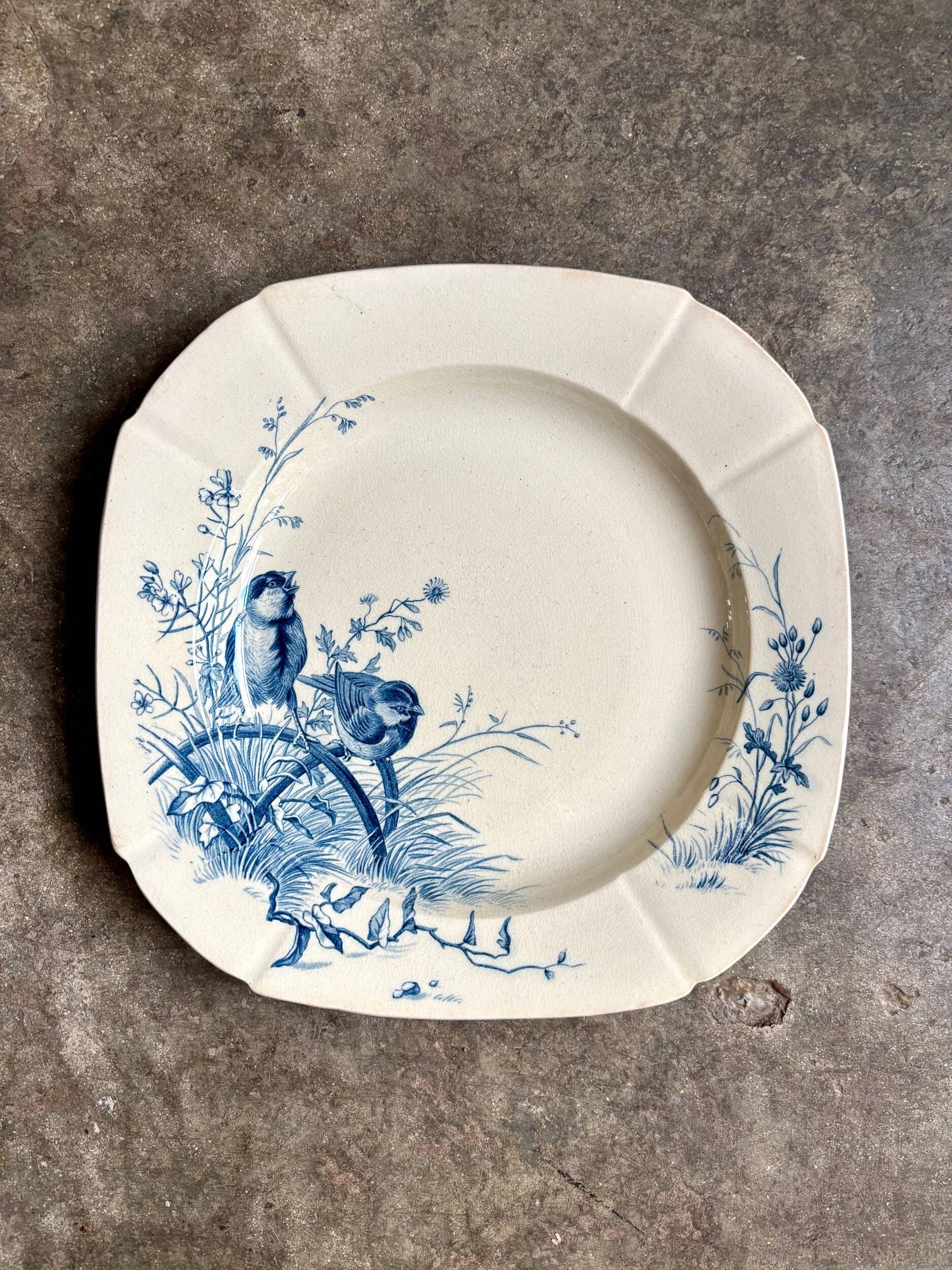 Blue ironstone hollow plate from Gien, "Birds" service circa 1870 no. 4