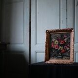 Ancienne huile sur toile, bouquet de fleurs, encadrement de style montmartre