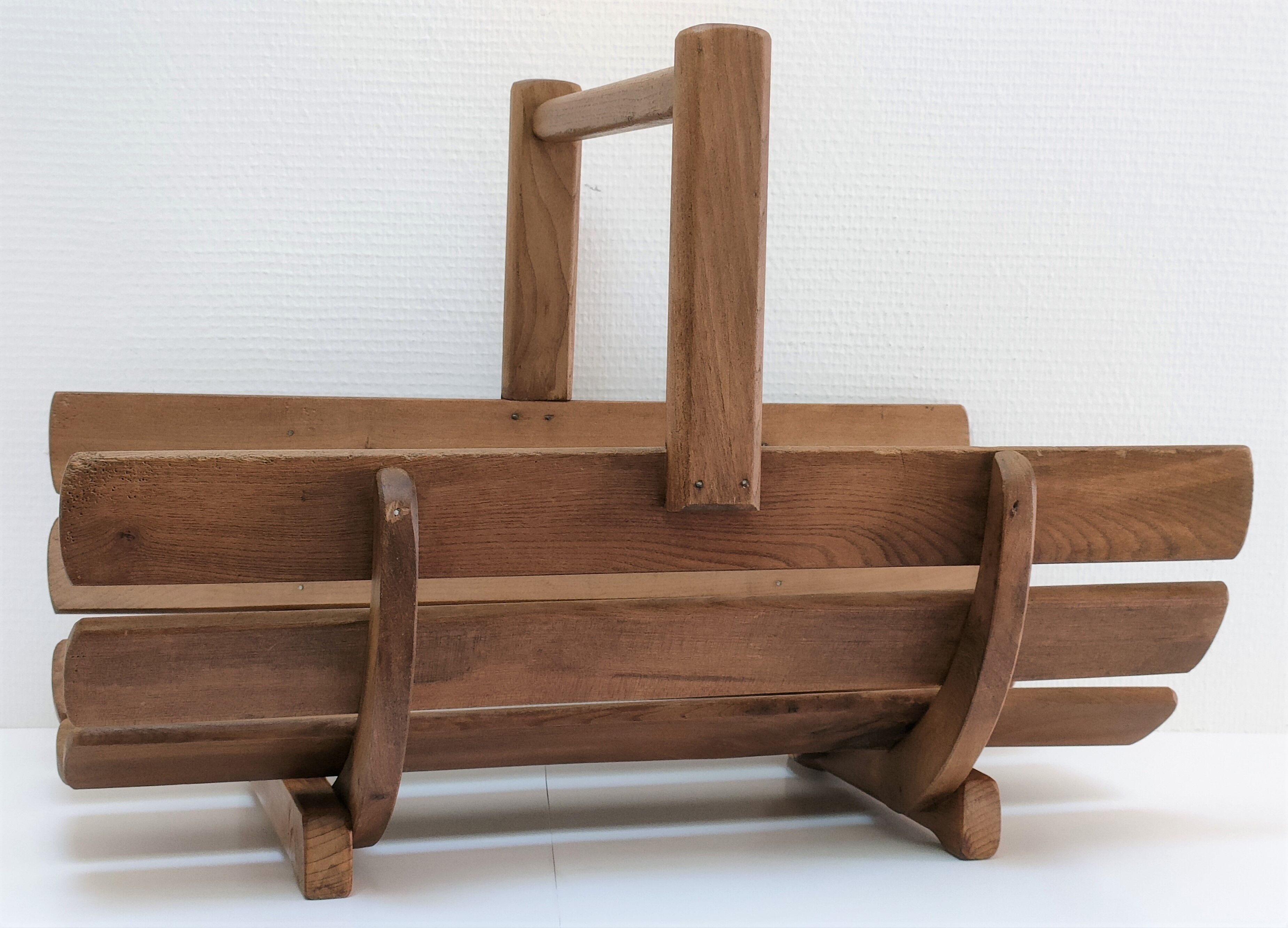 Log basket solid wood slatted vintage folk art