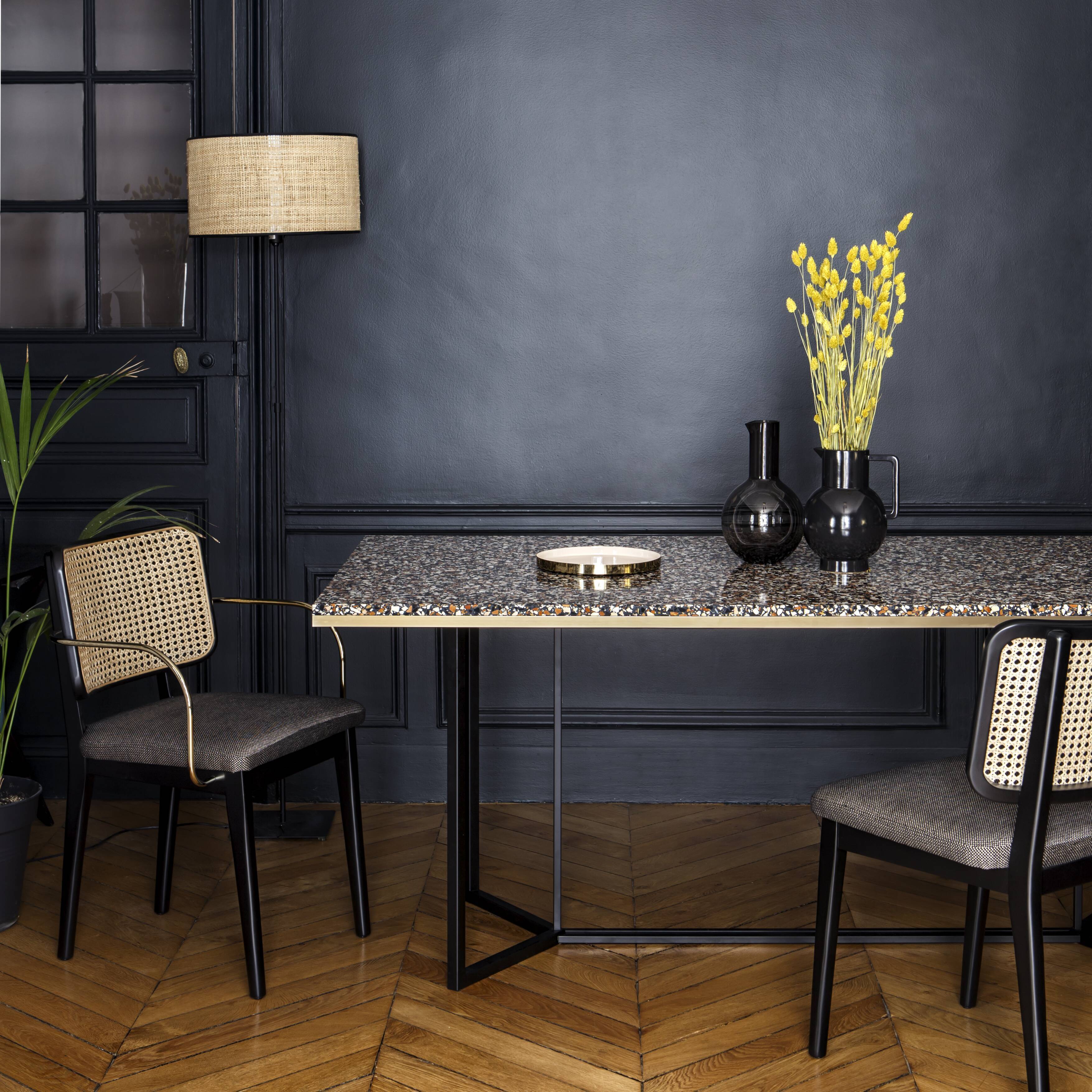 Black leather black wooden cannage chair with armrests