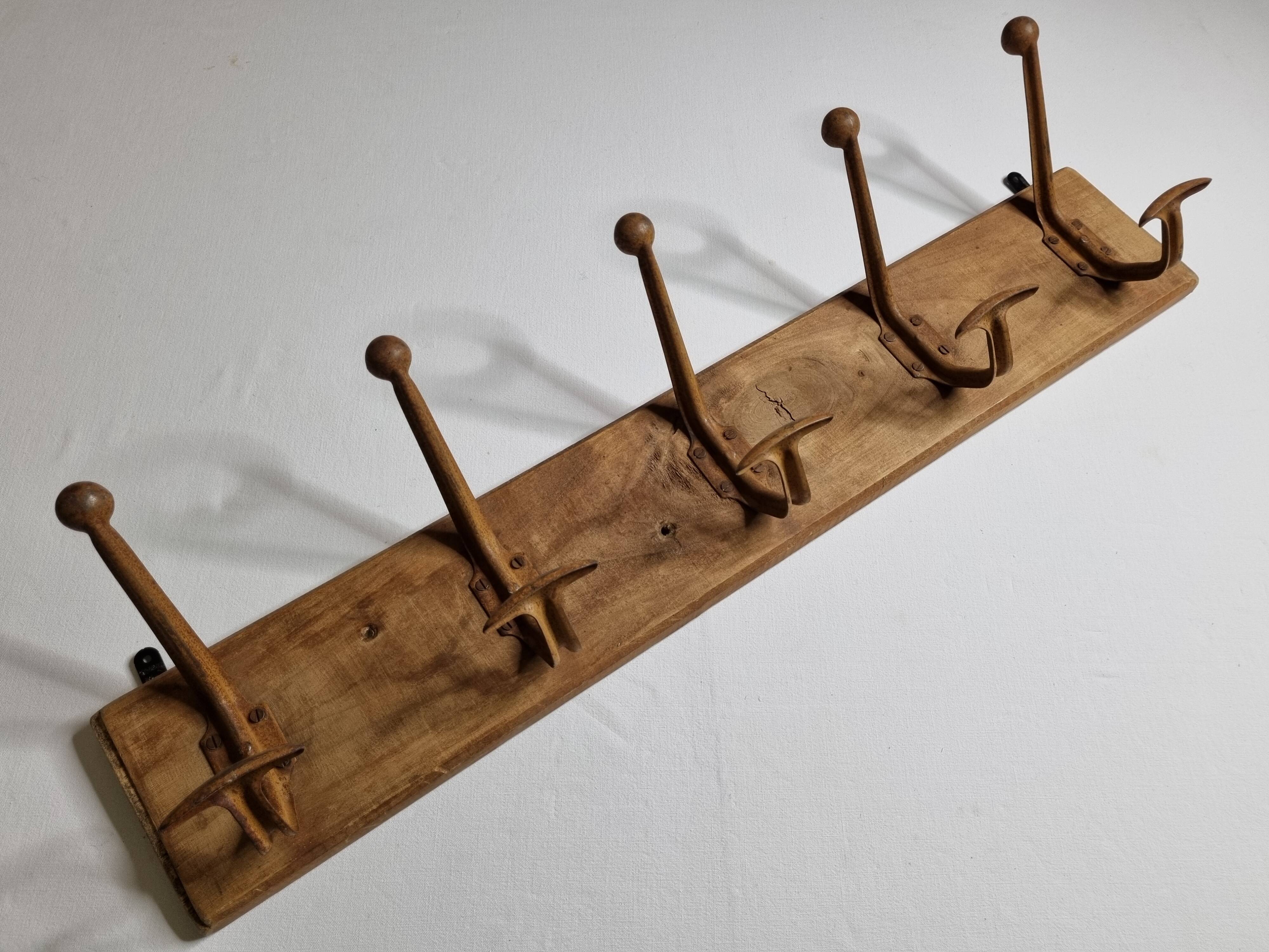 School wall coat rack, old, 5 hooks, 81 cm