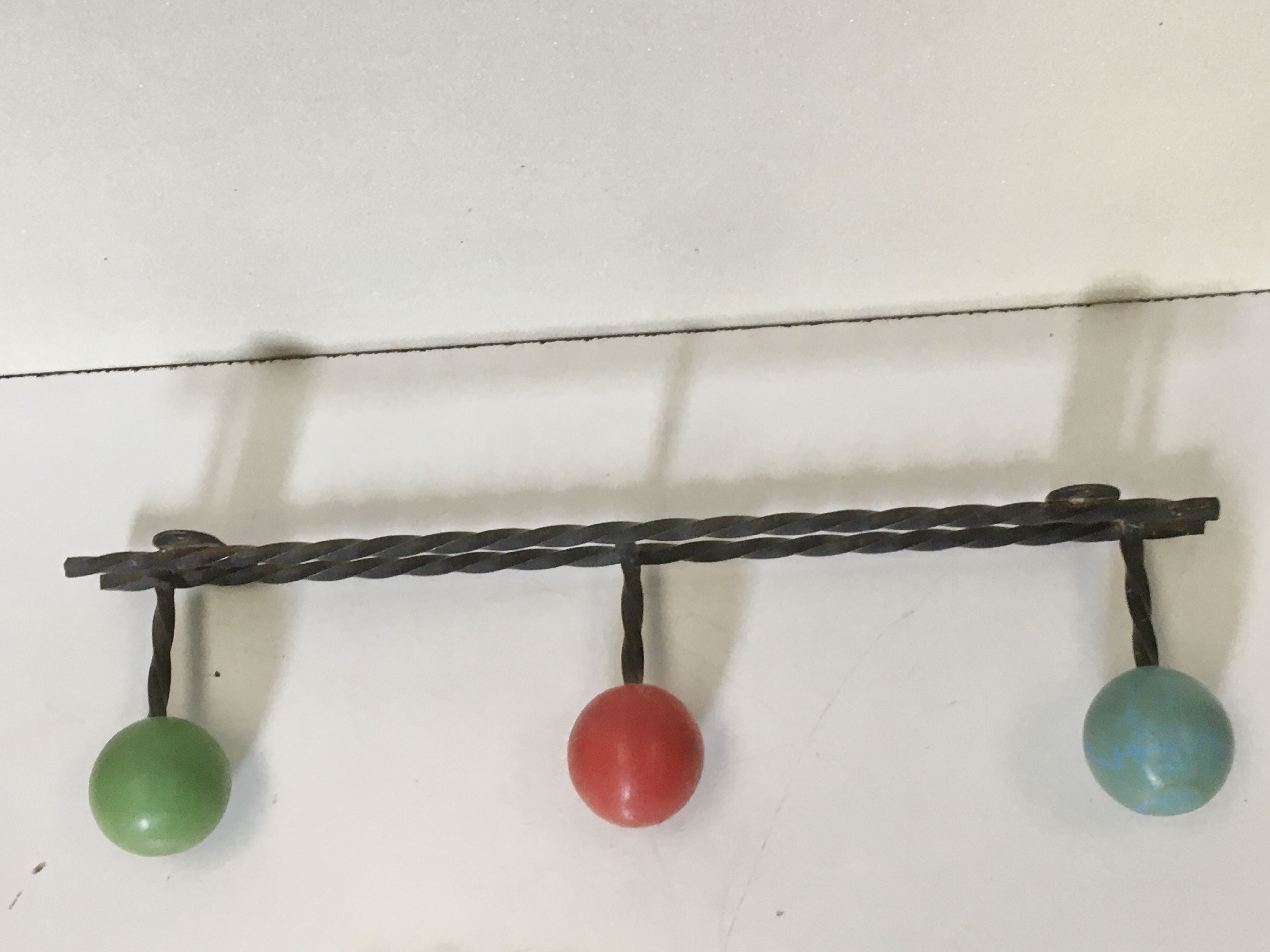 Vintage wrought iron wall coat rack 3 blue, red and green wooden balls hooks