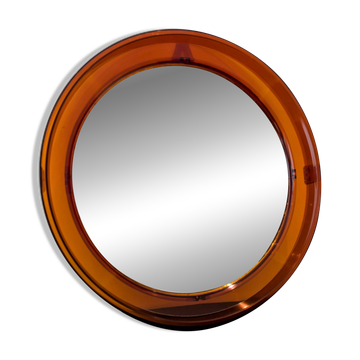 Vintage round orange plexiglass mirror Space Age 1970s