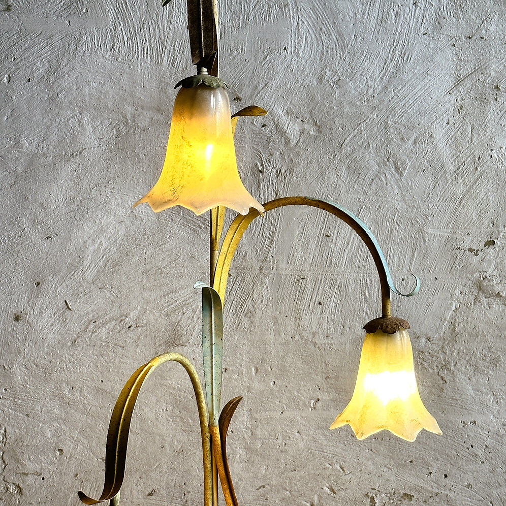 Mid-century elegant toleware floral floor lamp with glass pendants, France 1980