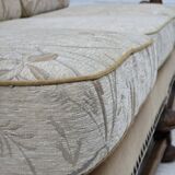 1960s, Danish 3-seater sofa, beige/brown furniture fabric, carved oak wood.