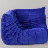 Togo corner chair in blue velvet by Michel Ducaroy for Ligne Roset