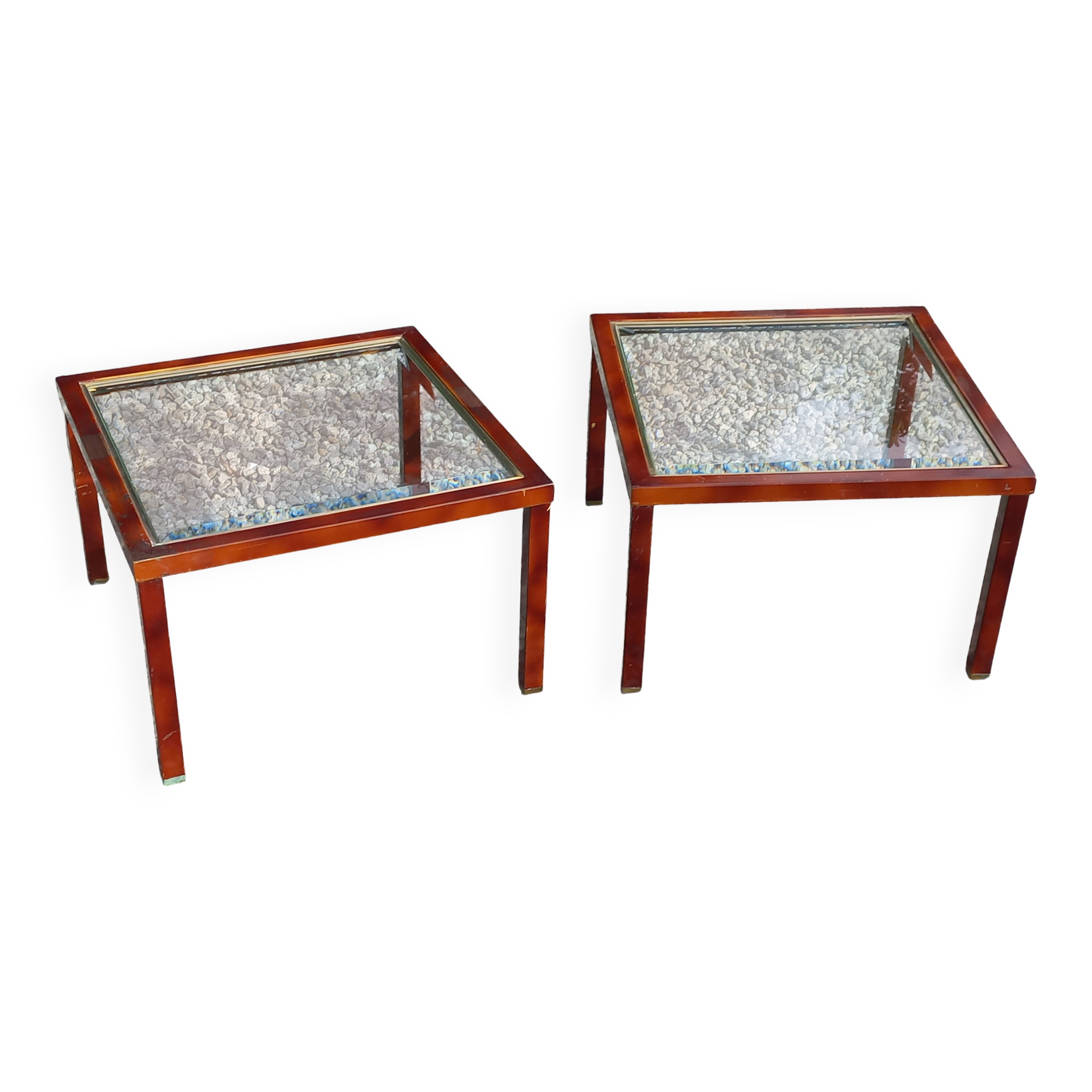Pair of 1970s side tables in lacquered brass and glass