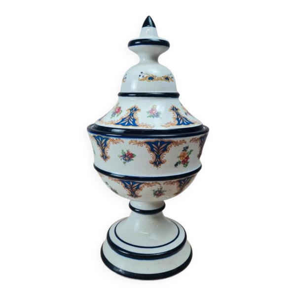 Bonbonnière sur pied vintage avec couvercle – décor bleu et fleurs – pot couvert céramique