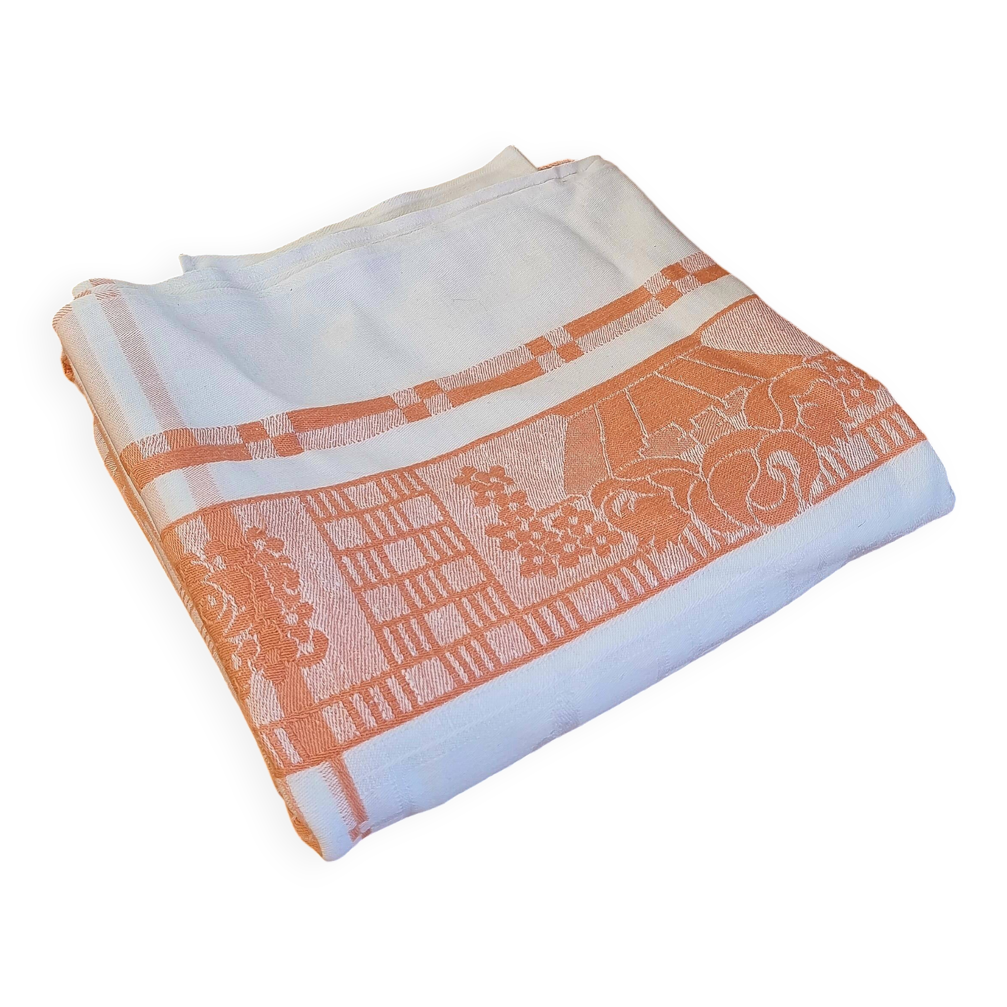 Antique orange and white damask tablecloth