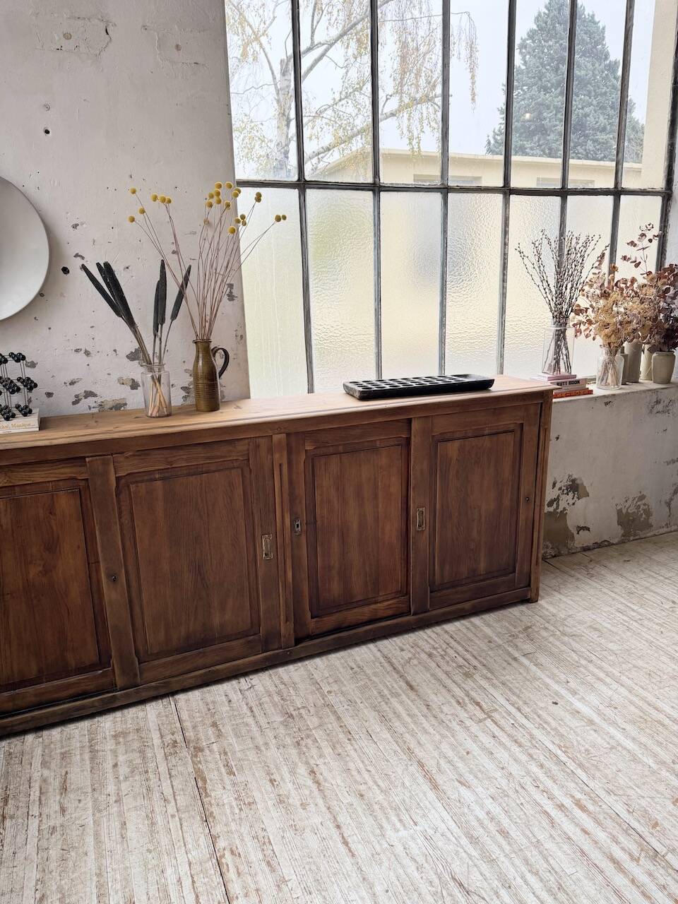 XL oak workshop sideboard with sliding doors from 1900