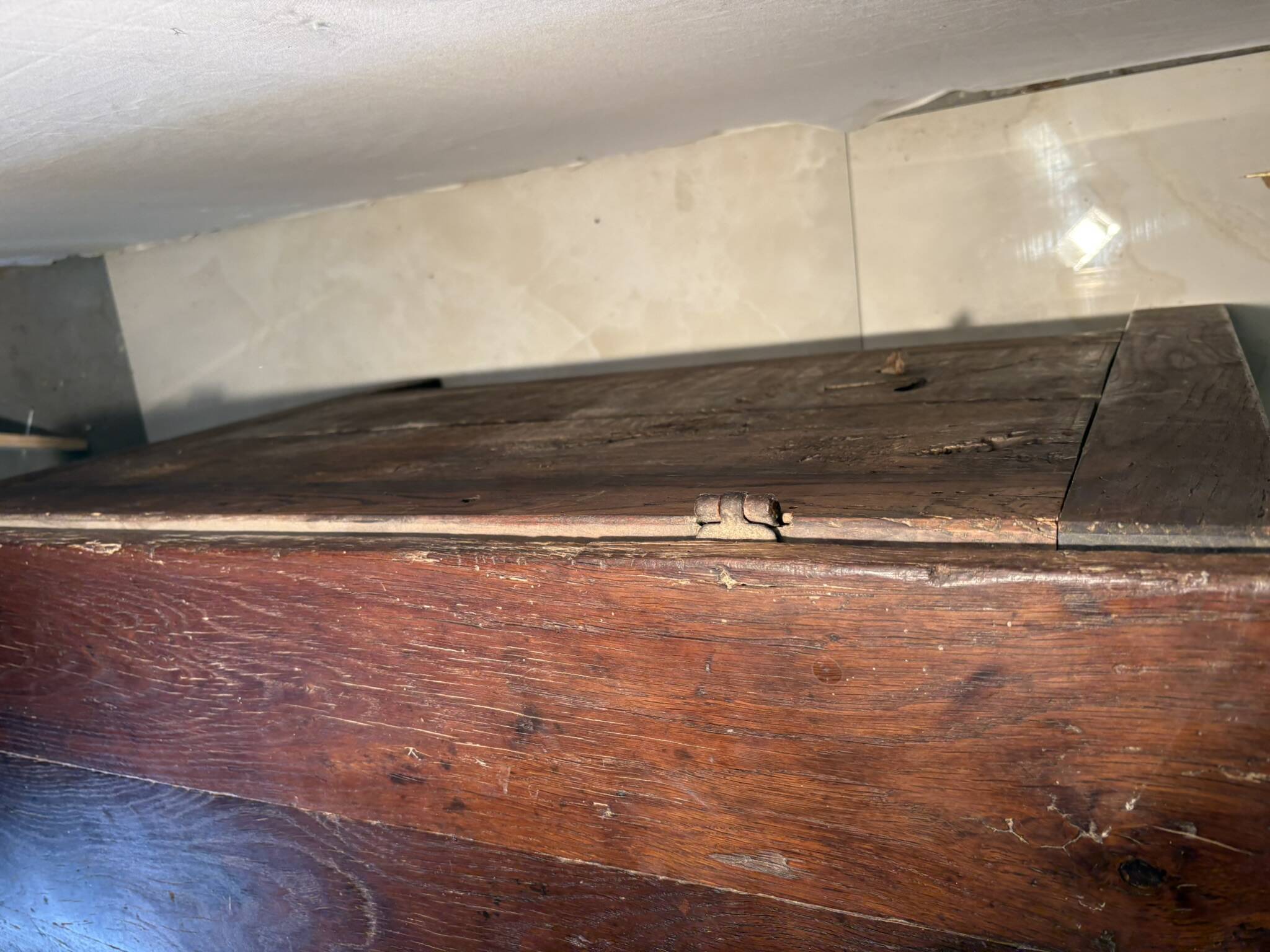 Antique rustic oak chest with original hardware and molded panels