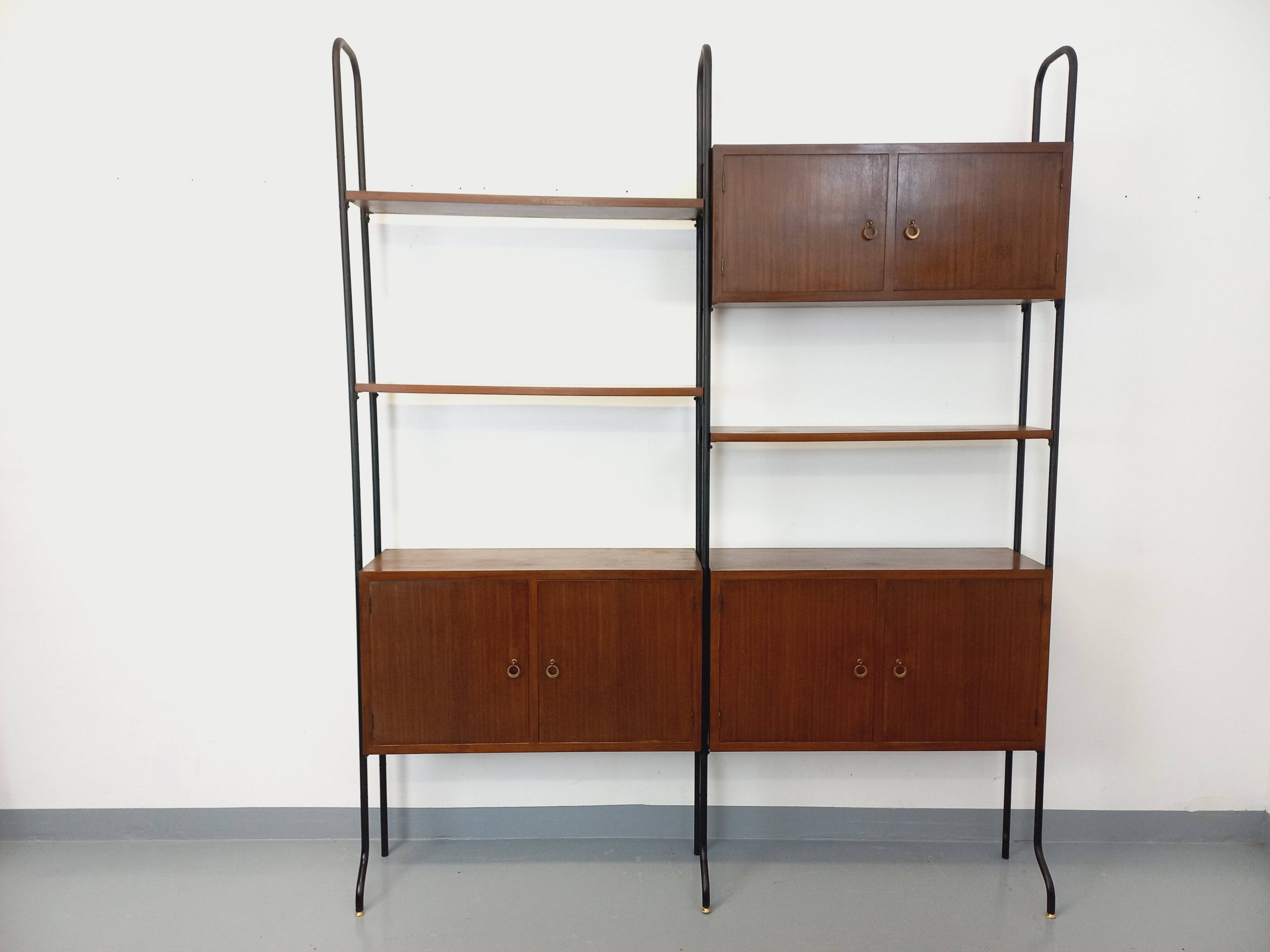 Vintage Italian double modular bookcase in wood and metal