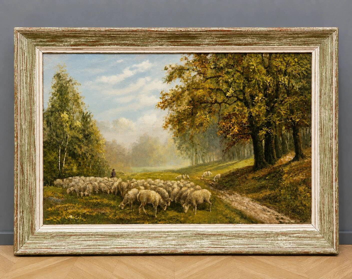 Oil on canvas depicting a flock of sheep.