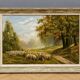 Oil on canvas depicting a flock of sheep.