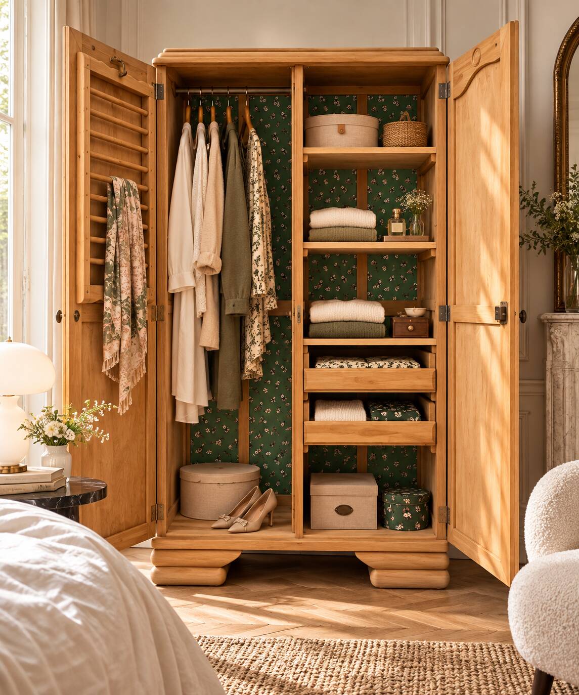 Parisian Art Deco wardrobe, renovated with raw wood.