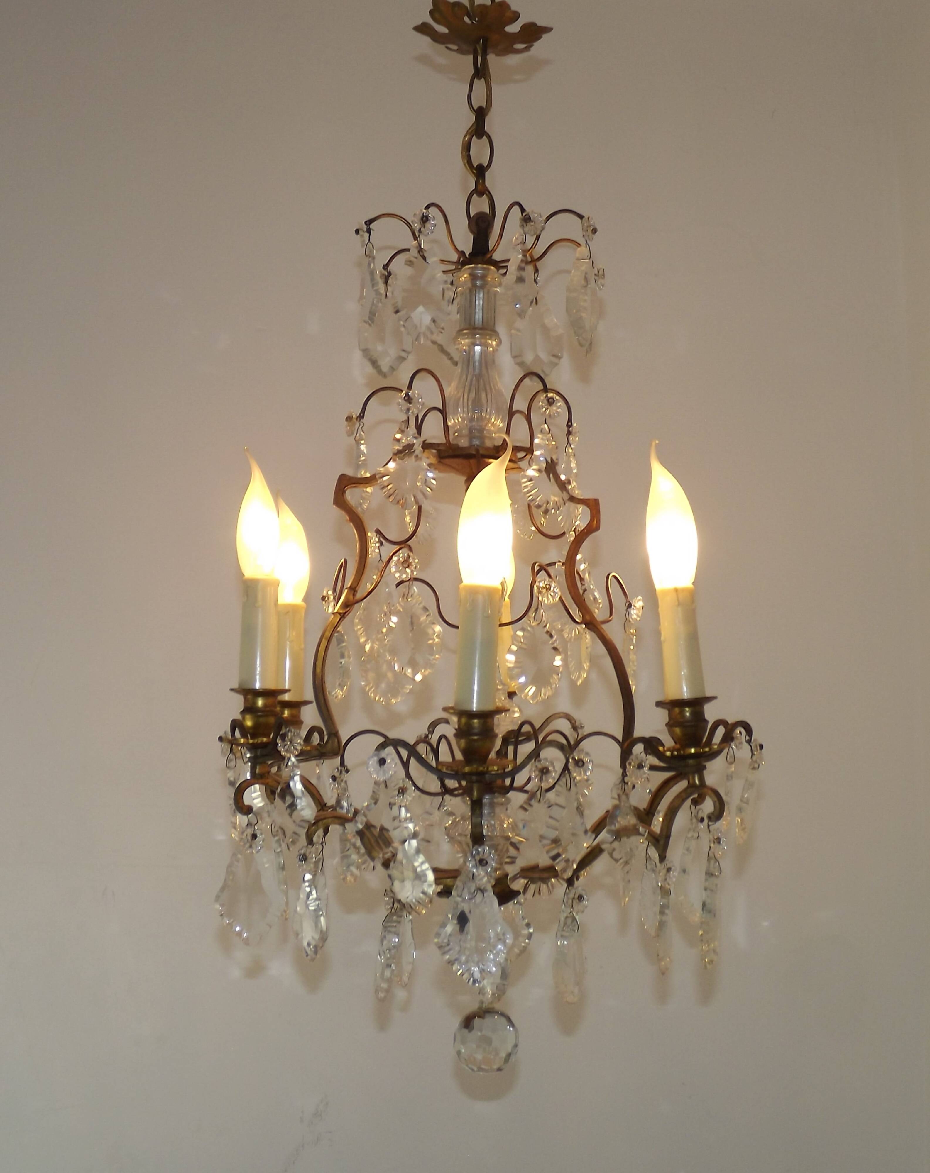 French Bronze and Glass 6 Light Cage Chandelier With Assorted Crystals 5518