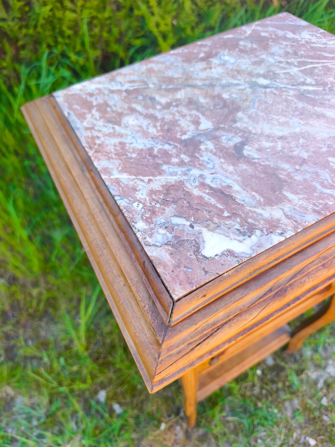 Louis XV style bedside table in wood veneer and marble