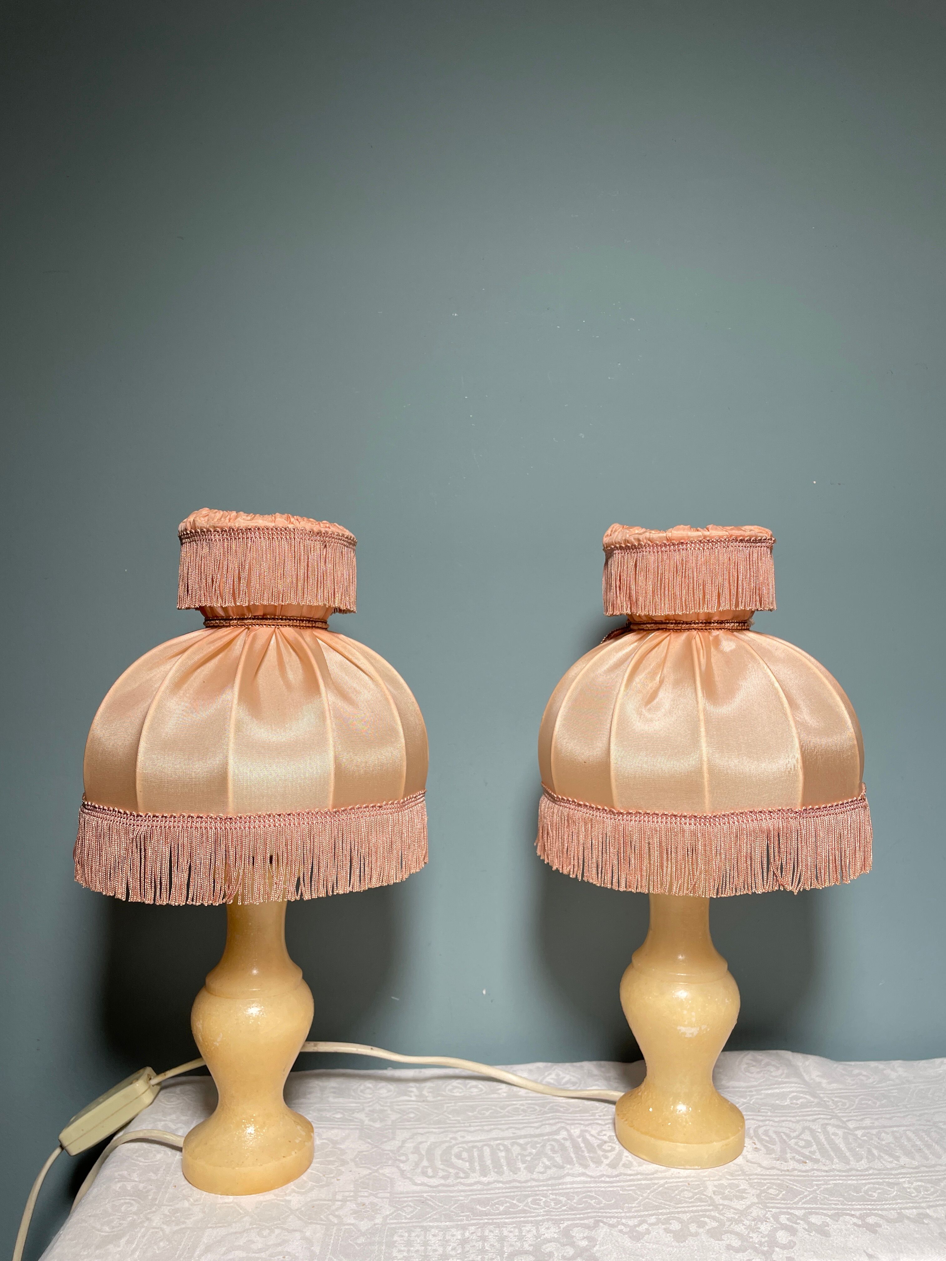 Pair of vintage bedside lamps with pink fringes