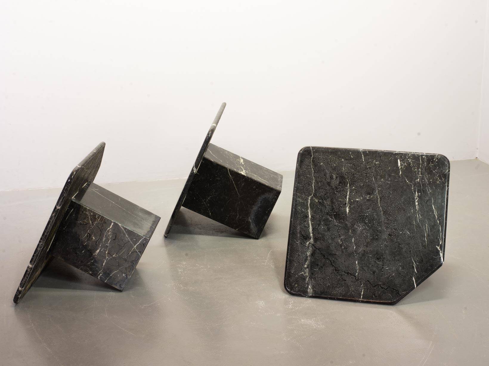 Italian Trio of Black Carrara Marble Side Tables with Oblique Angle, 1970s.