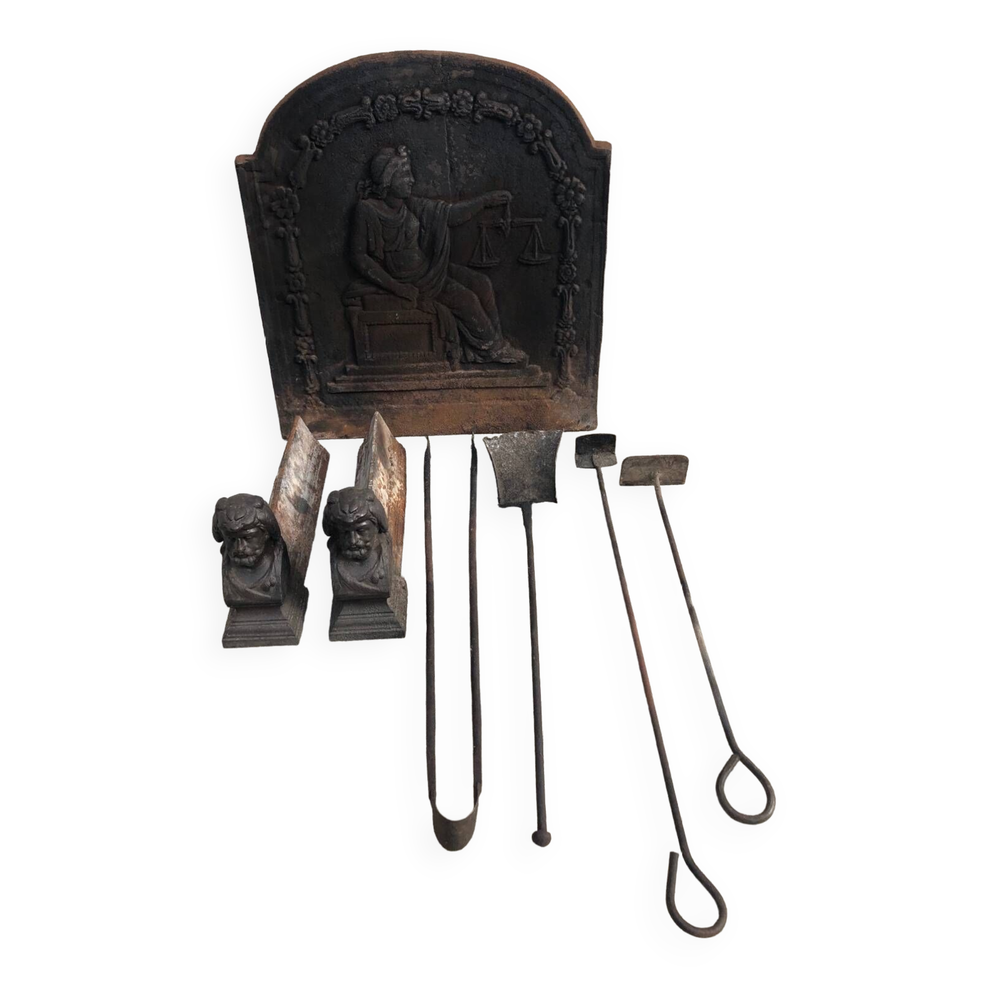 Stylish fireplace set with plate and andirons