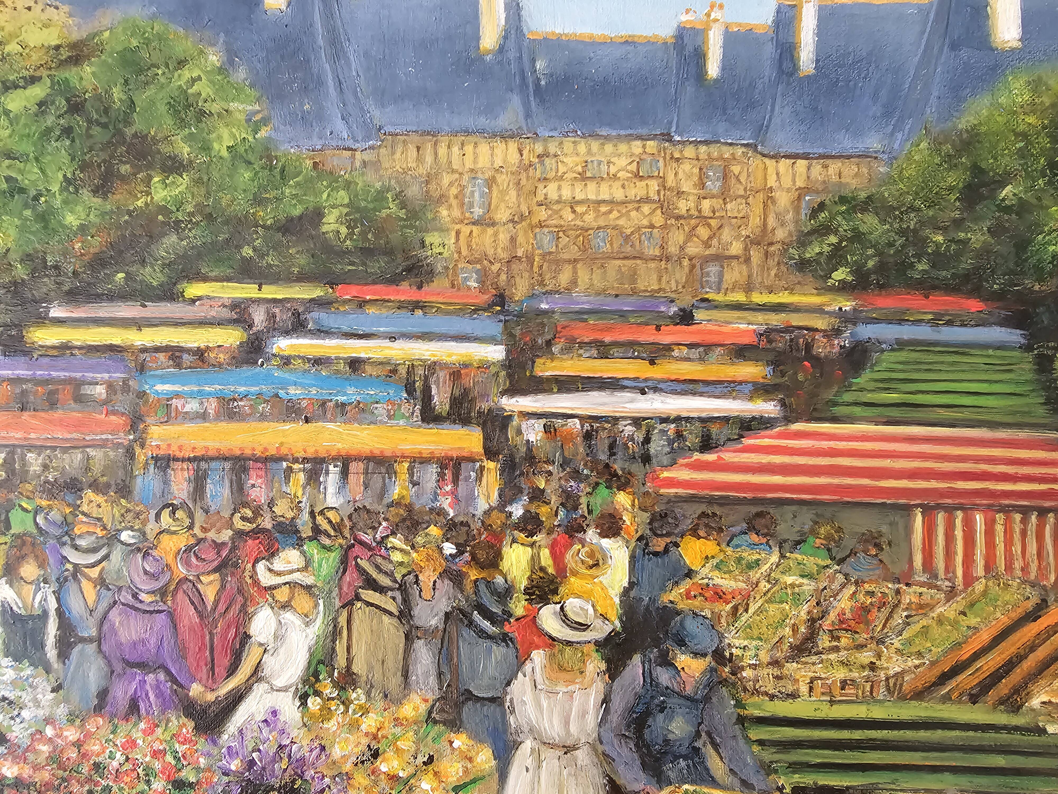 Tableau Huile sur Toile - Paysage marché Breton Signé Chateaugiron
