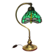 brass lamp with green stained glass shade.