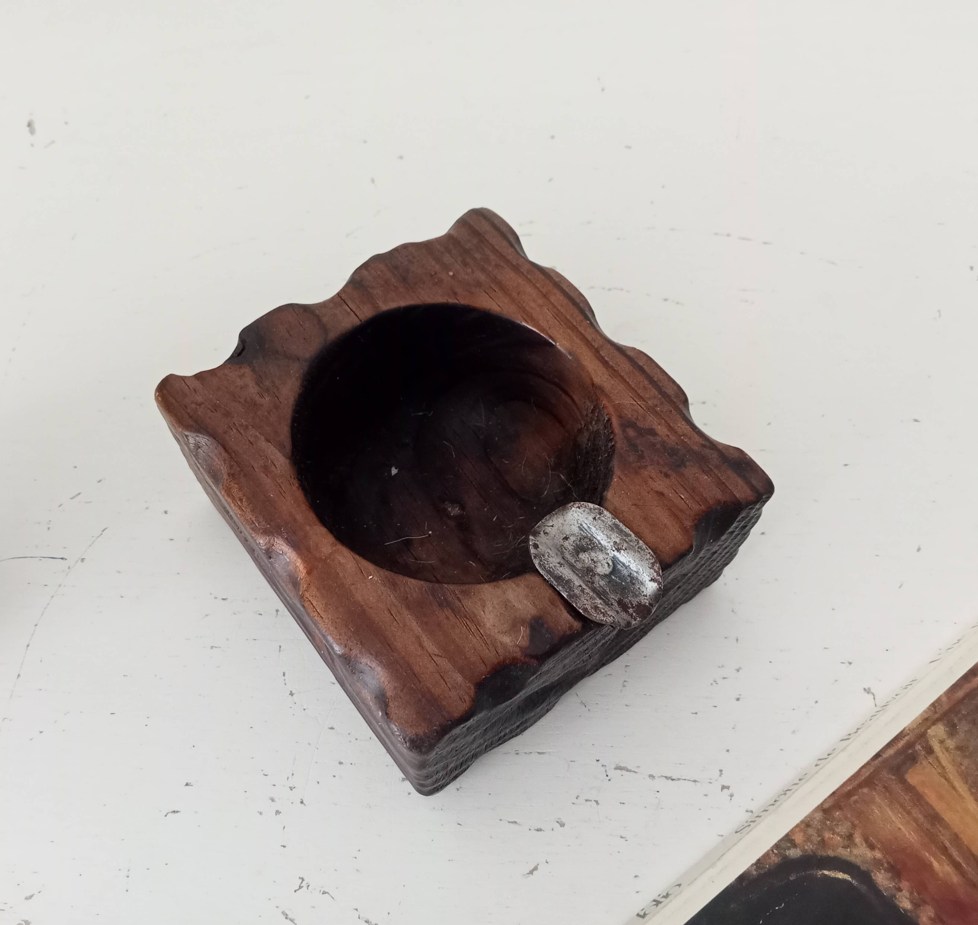 Vintage brutalist ashtray in carved wood
