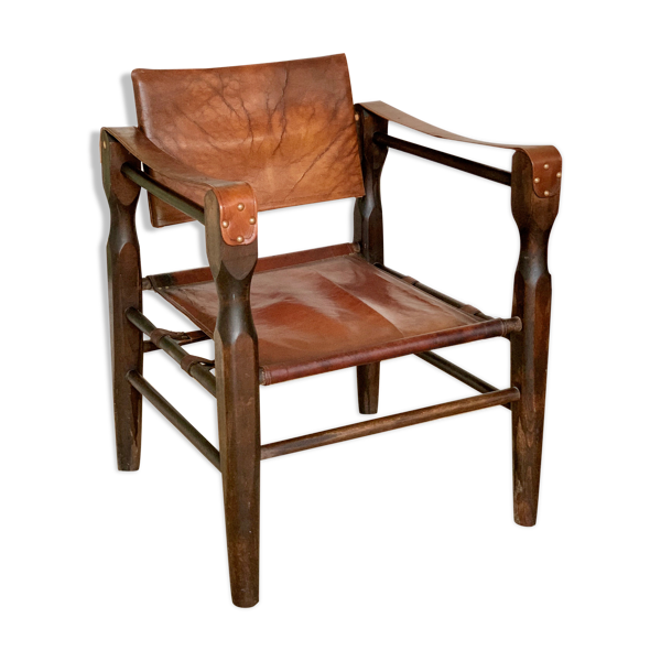 Fauteuil scandinave safari en cuir vintage
