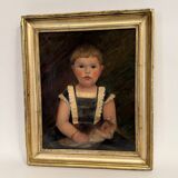 Oil on canvas 19th century young child carrying his cat gilded frame