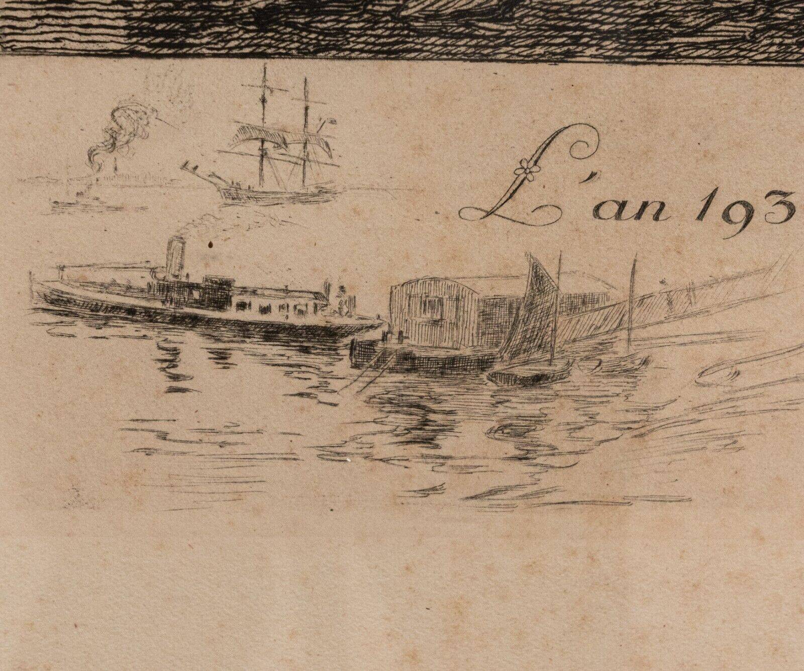 Engraving by René Pinard L'Ermitage in Nantes numbered natural wood frame