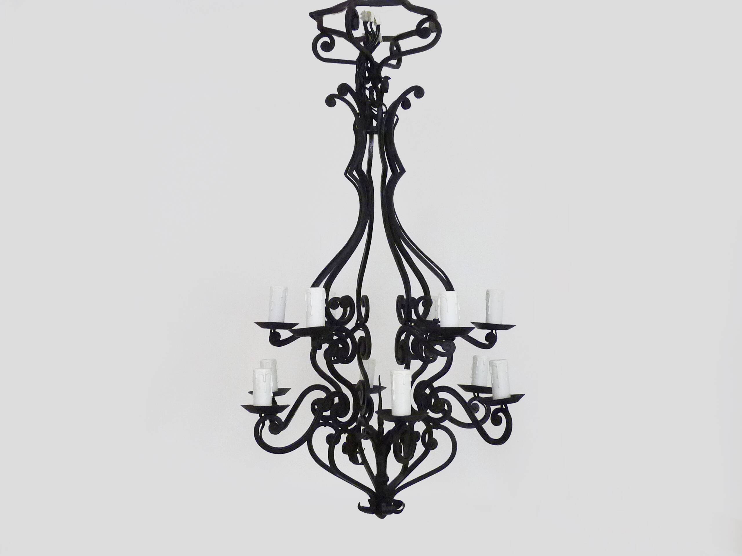 Large 12-light wrought iron hall or living room chandelier. 1960s-70s
