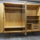 1960s Scandinavian wardrobe, blonde varnished wood, unusual, 4 doors, 3 drawers, 7 shelves.