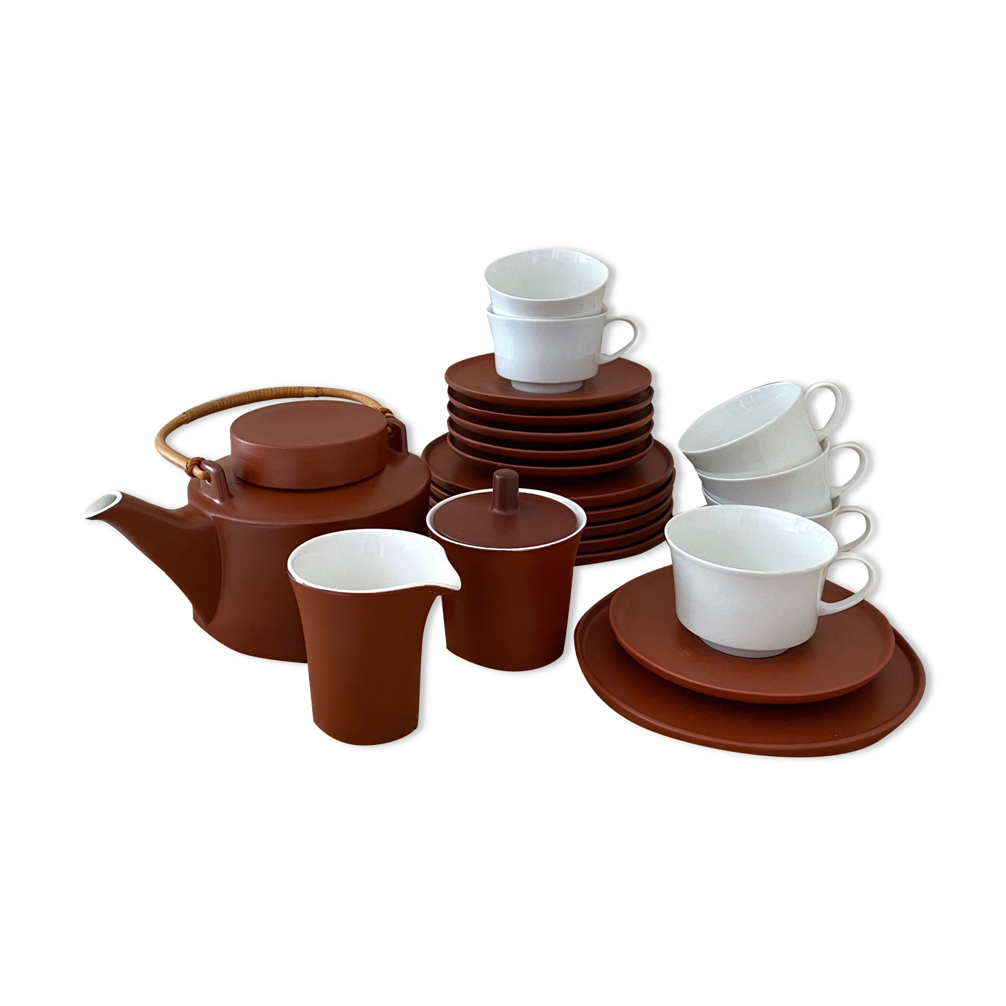 Tea service terracotta for 6 persons, vintage porcelain, 60's