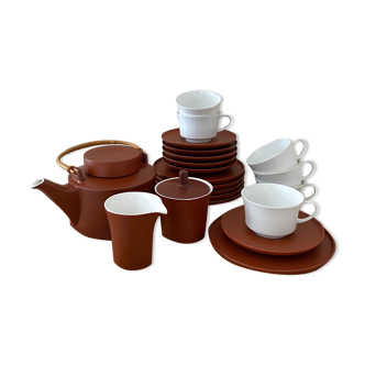 Tea service terracotta for 6 persons, vintage porcelain, 60's