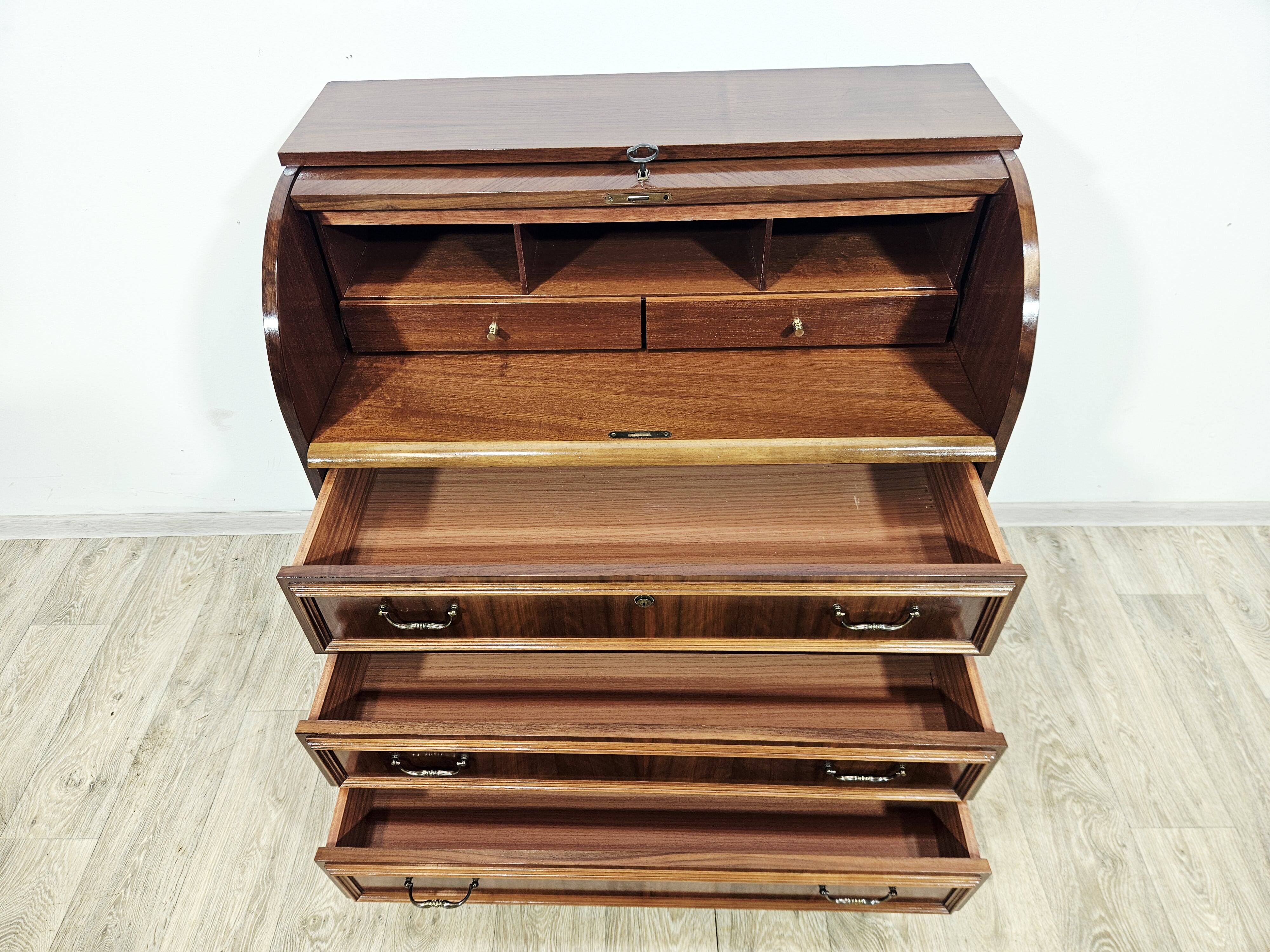 Walnut cylinder-roll-top secretary desk, 1970s.