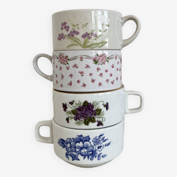 4 vintage mismatched porcelain tea/coffee cups with floral pattern