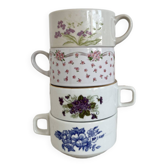 4 tasses à thé /café vintage dépareillées porcelaine motif fleuri