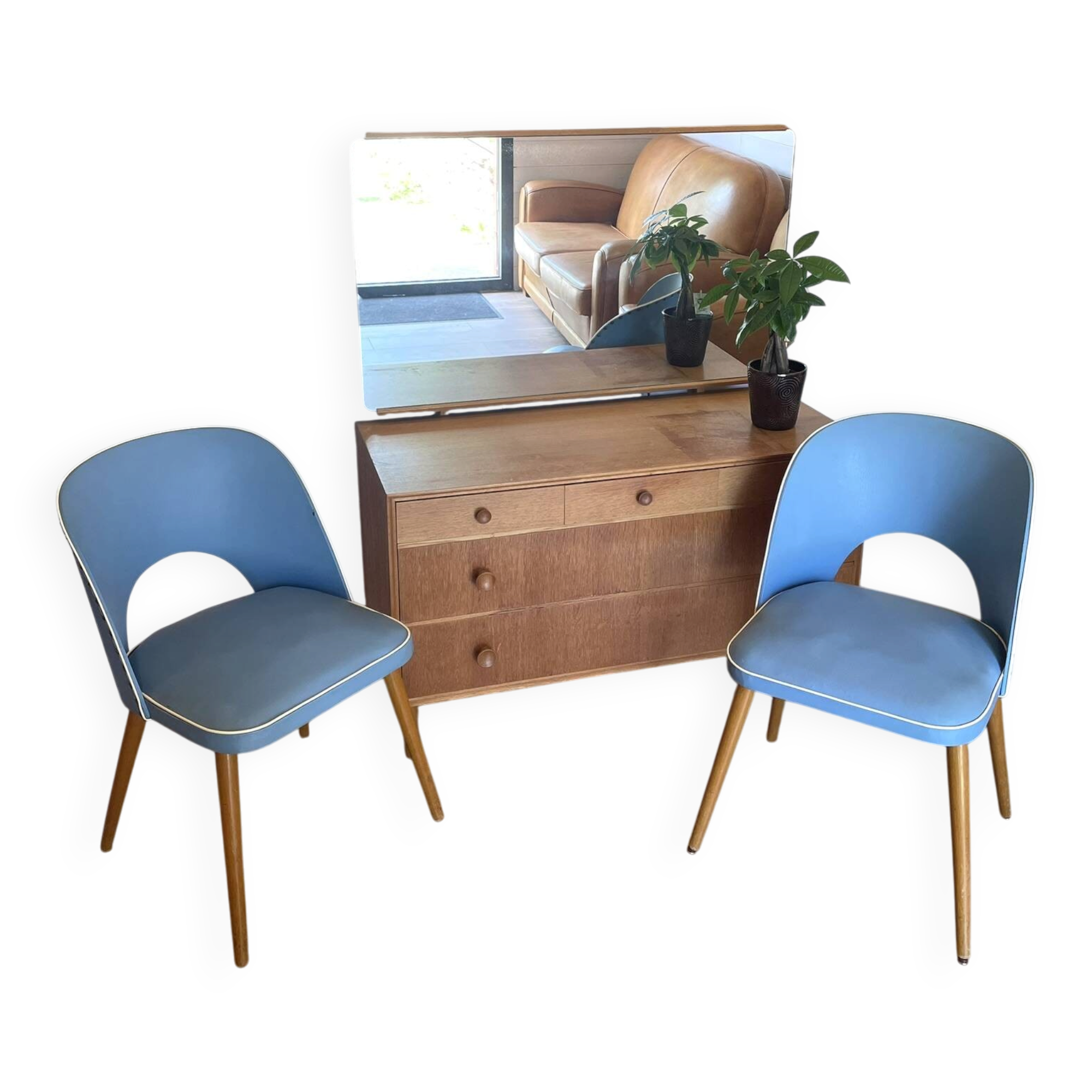 Vintage 1950s Chair Pair – Blue Faux Leather & Compass Legs (Guaric Style)