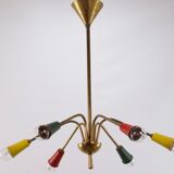 Multicolored vintage brass chandelier, 1950, 6 arms, 60cm in diameter