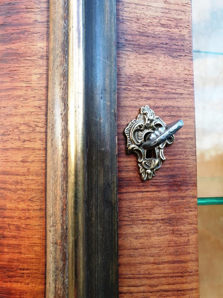 Art Deco showcase 1930 Zebrano, Sycamore and brass foot mustache