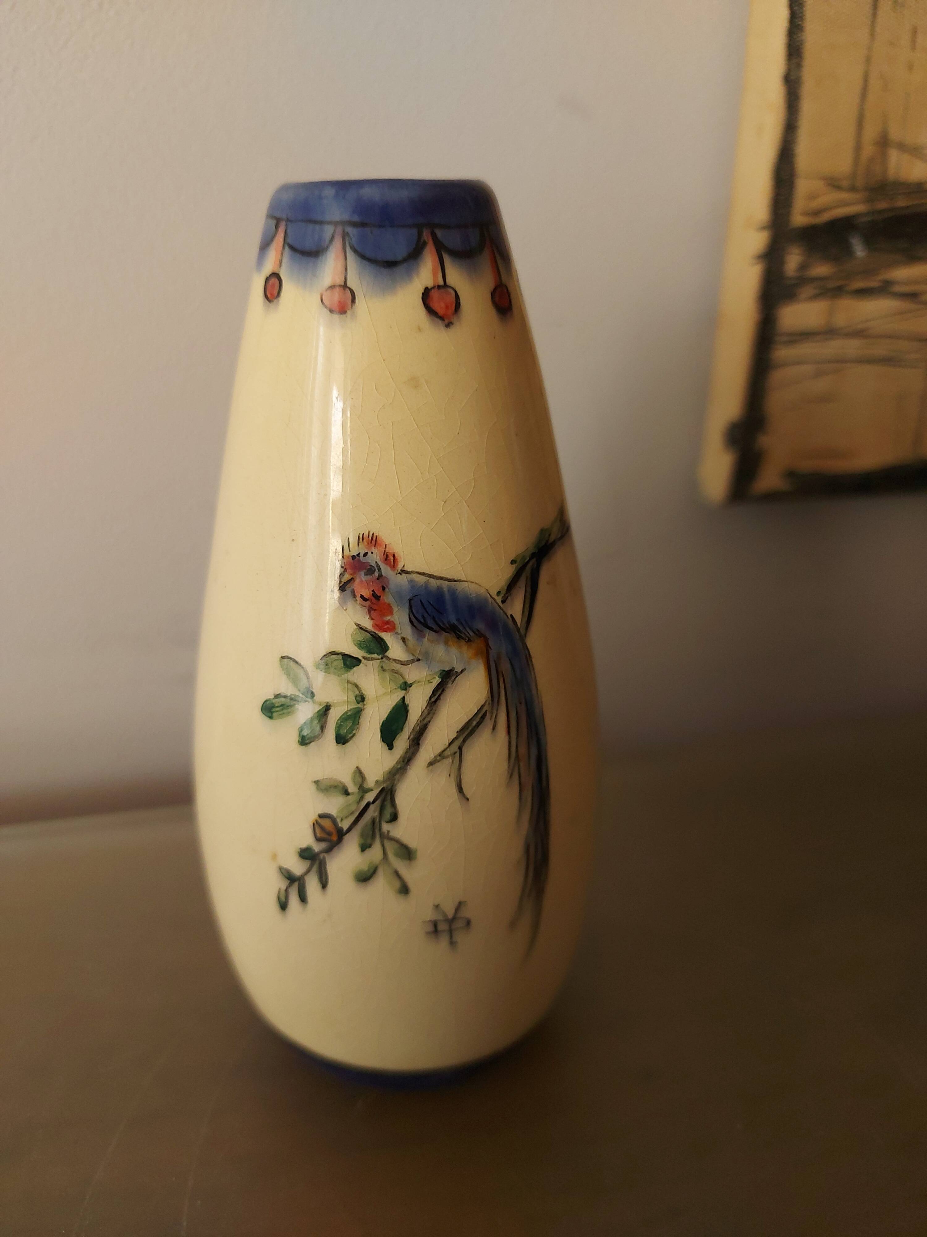 Signed art deco vase, bird of paradise décor