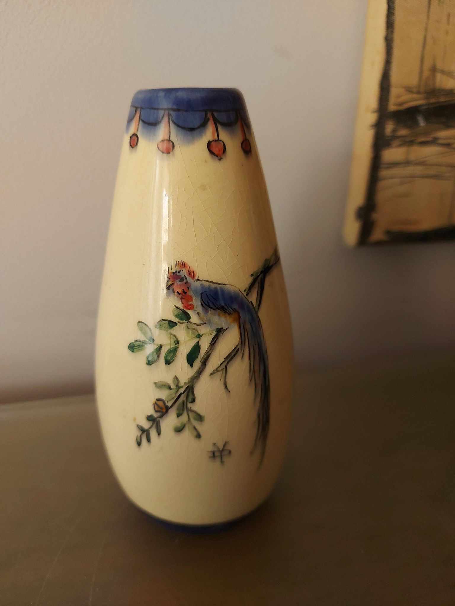 Vase art déco signé , décor oiseau de paradis
